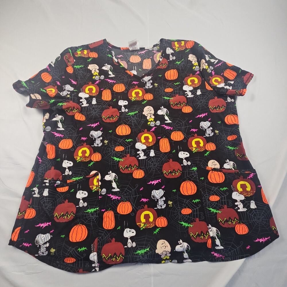 Women's Halloween Scrub Top Snoopy Peanuts Pumpkin Print Stretch by Peanuts 2XL